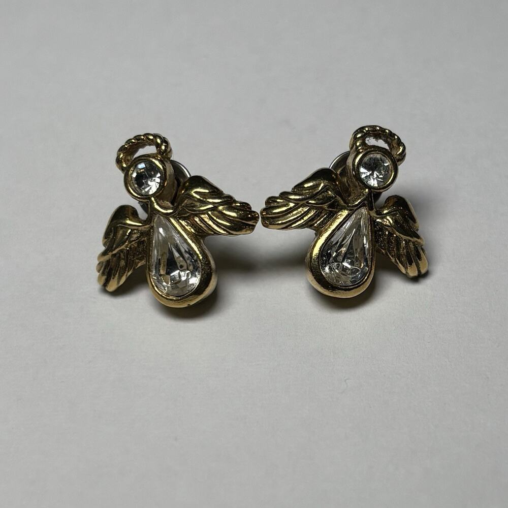 Vintage Avon Angel Stud Post Earrings Gold Tone Rhinestone